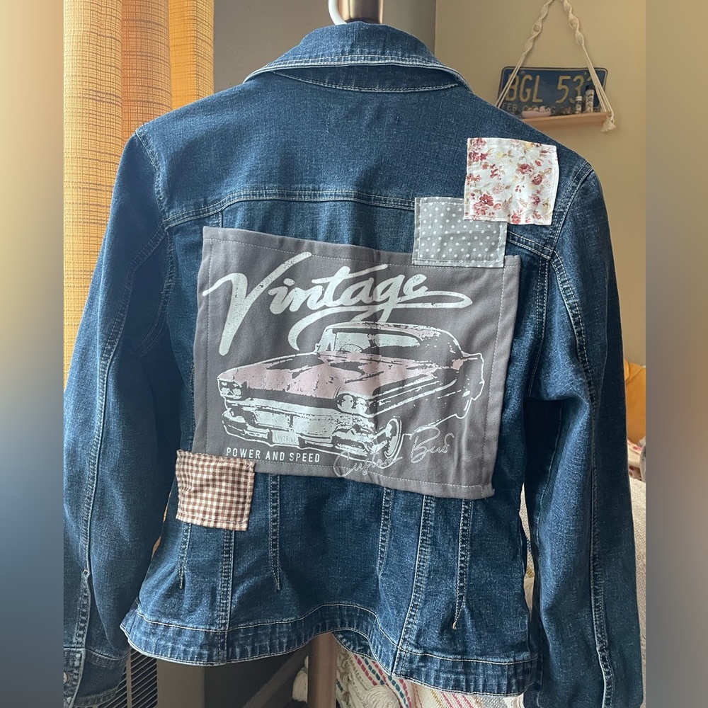 retro patchwork graphic vintage car jean jacket